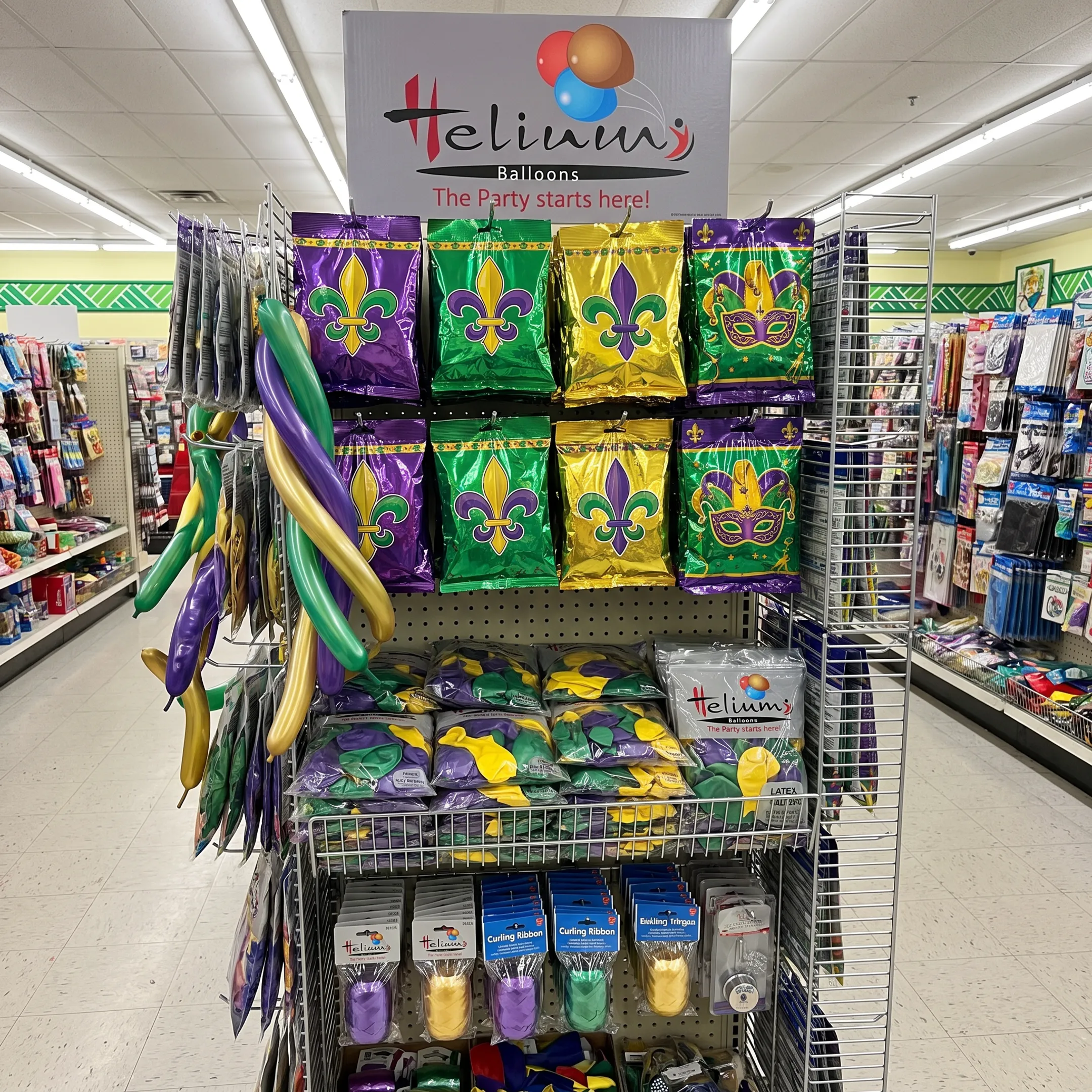Dollar store Mardi Gras balloon display