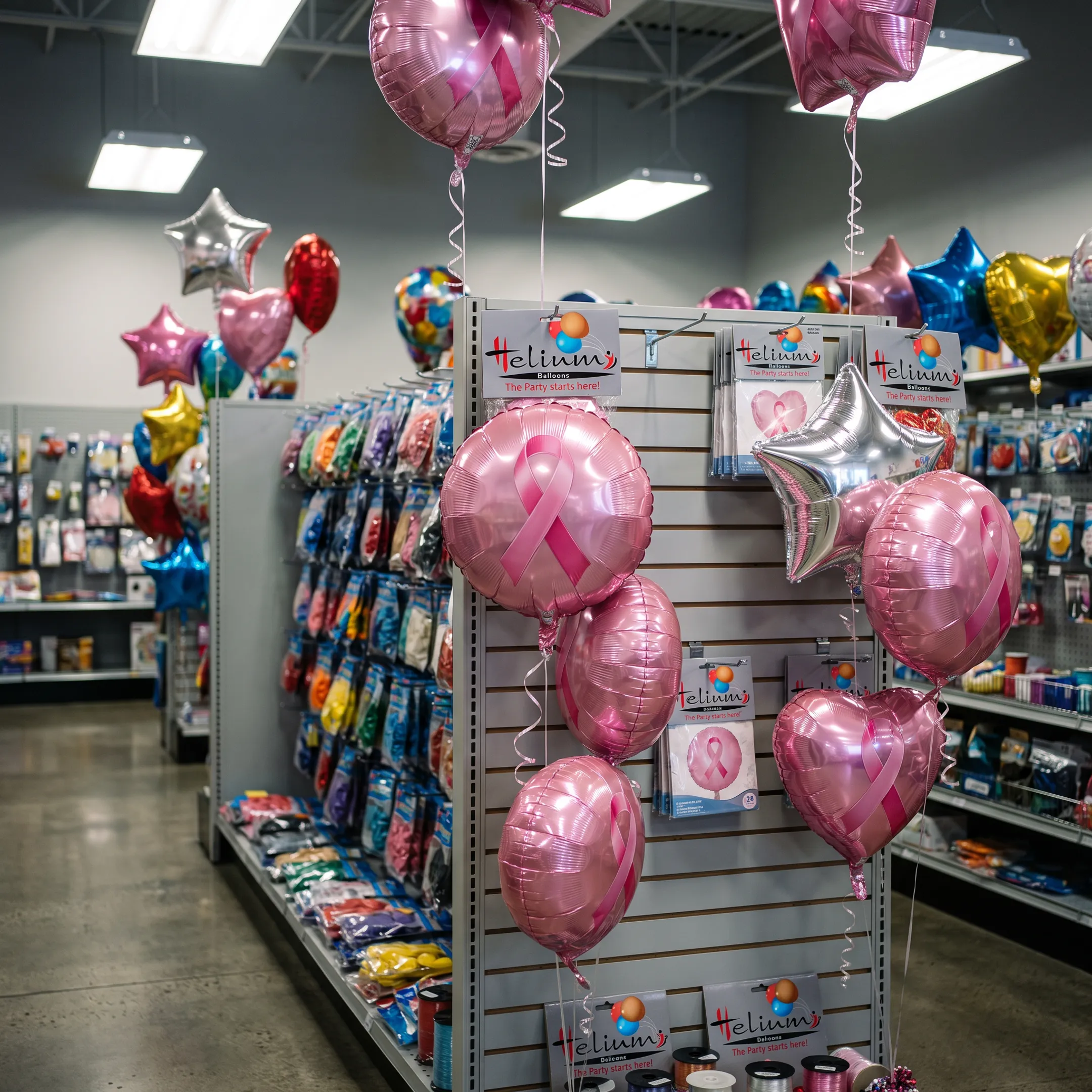 Pink Ribbon balloons in retail store display
