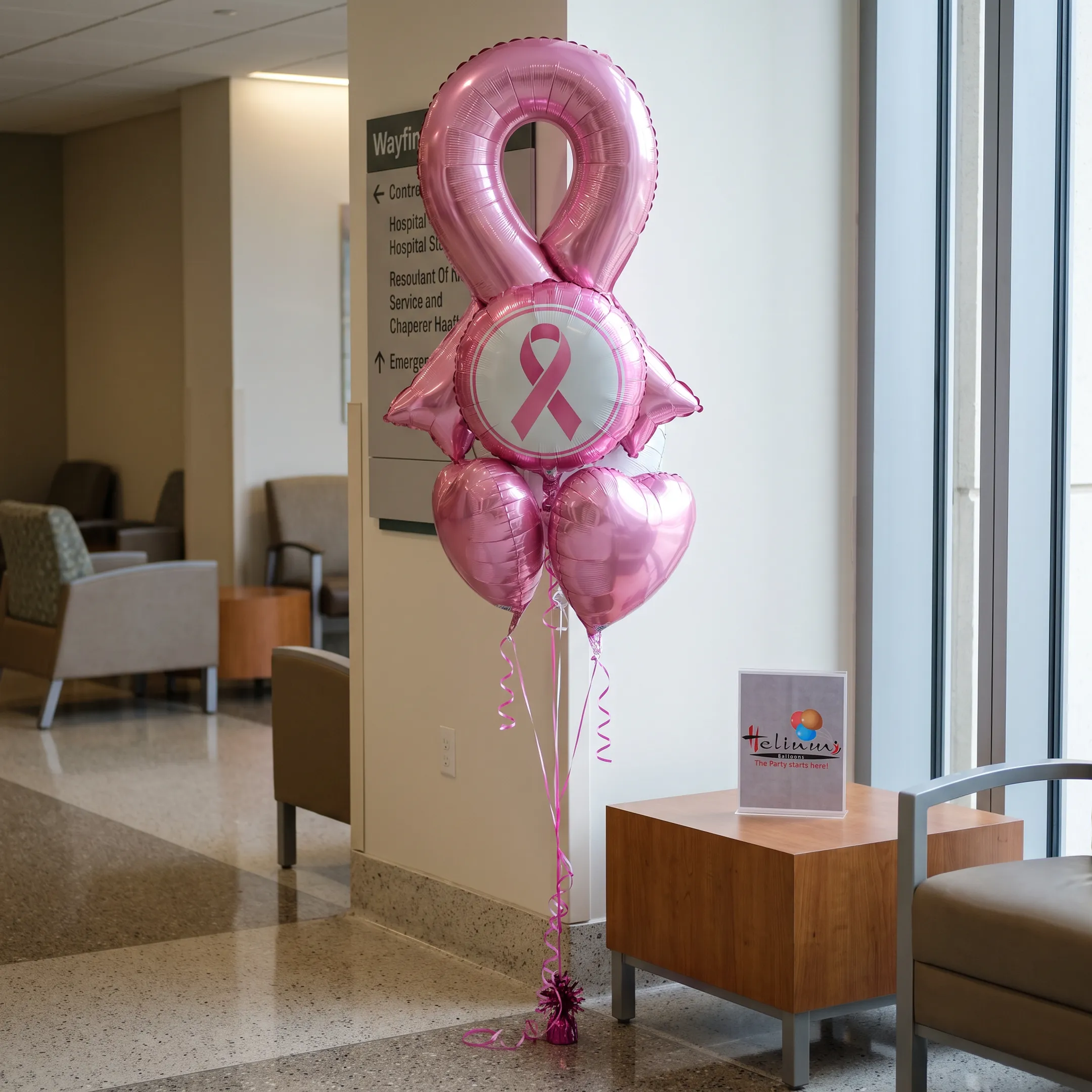 Pink Ribbon balloons in hospital lobby