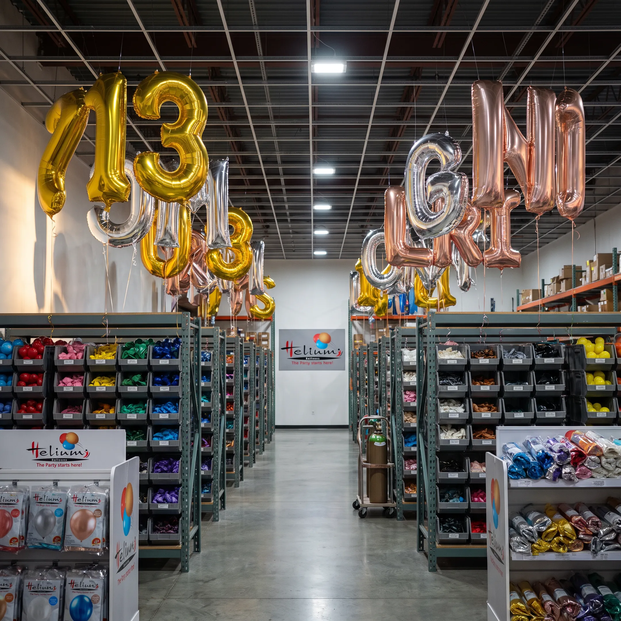 A colorful display of foil balloons in a party supply store.