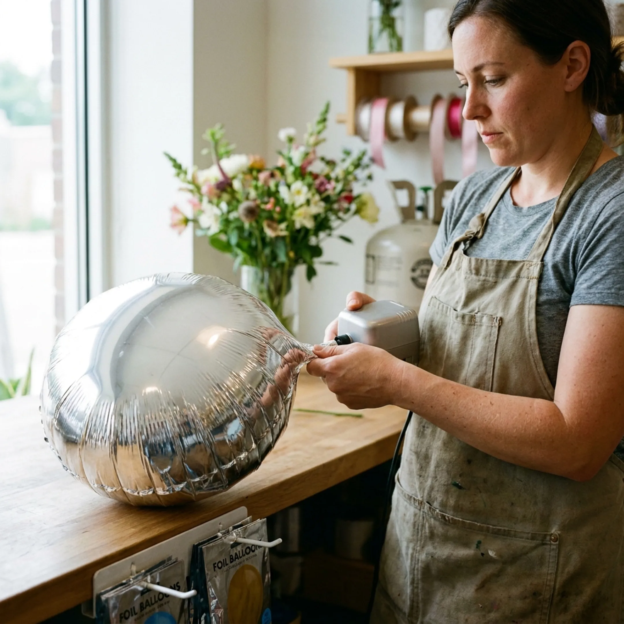 Florist inflating balloon bouquet