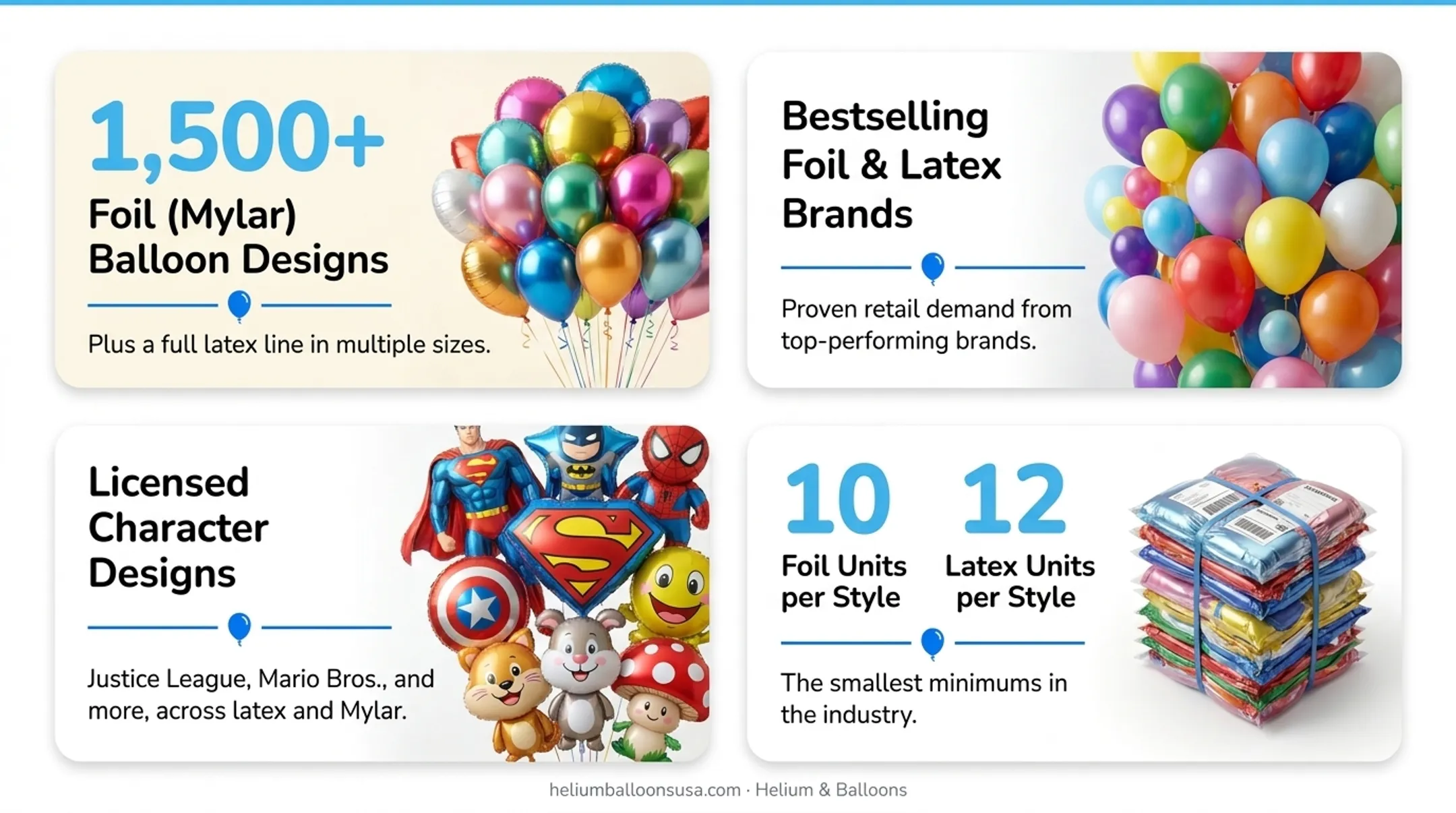 Wholesale balloon warehouse catalog display with foil and latex designs