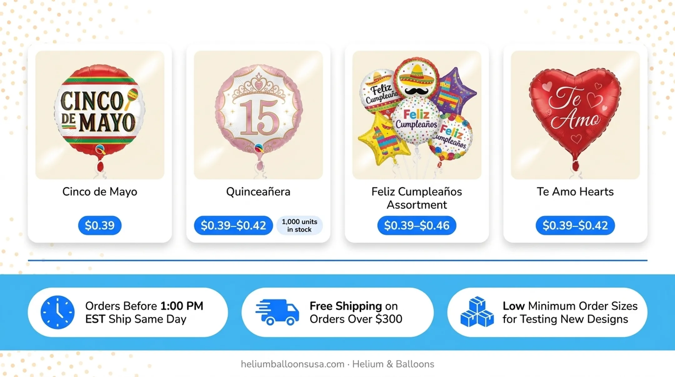 Assorted foil and latex balloons displayed in retail packaging with pricing