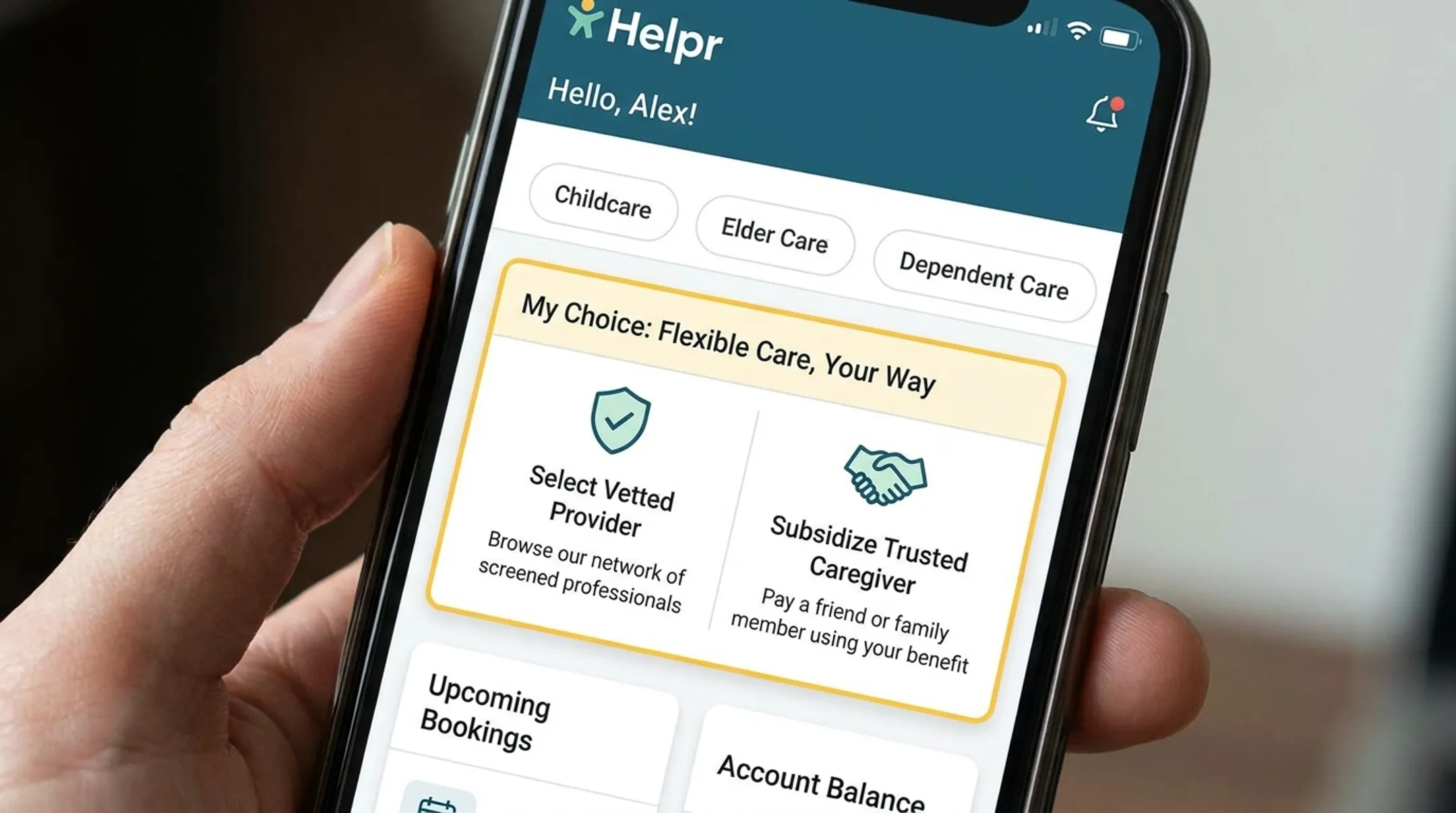 Helpr mobile app interface displaying family and dependent care booking options