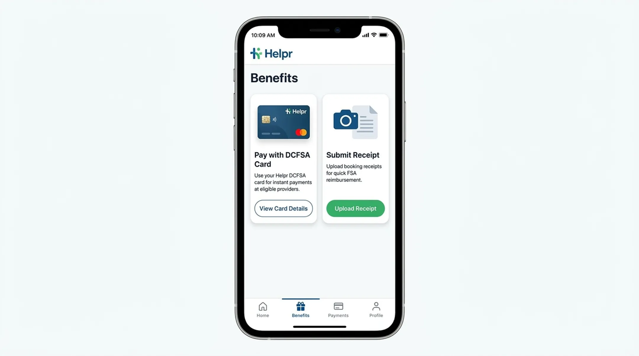 Helpr app interface displaying DCFSA debit card payment and receipt submission