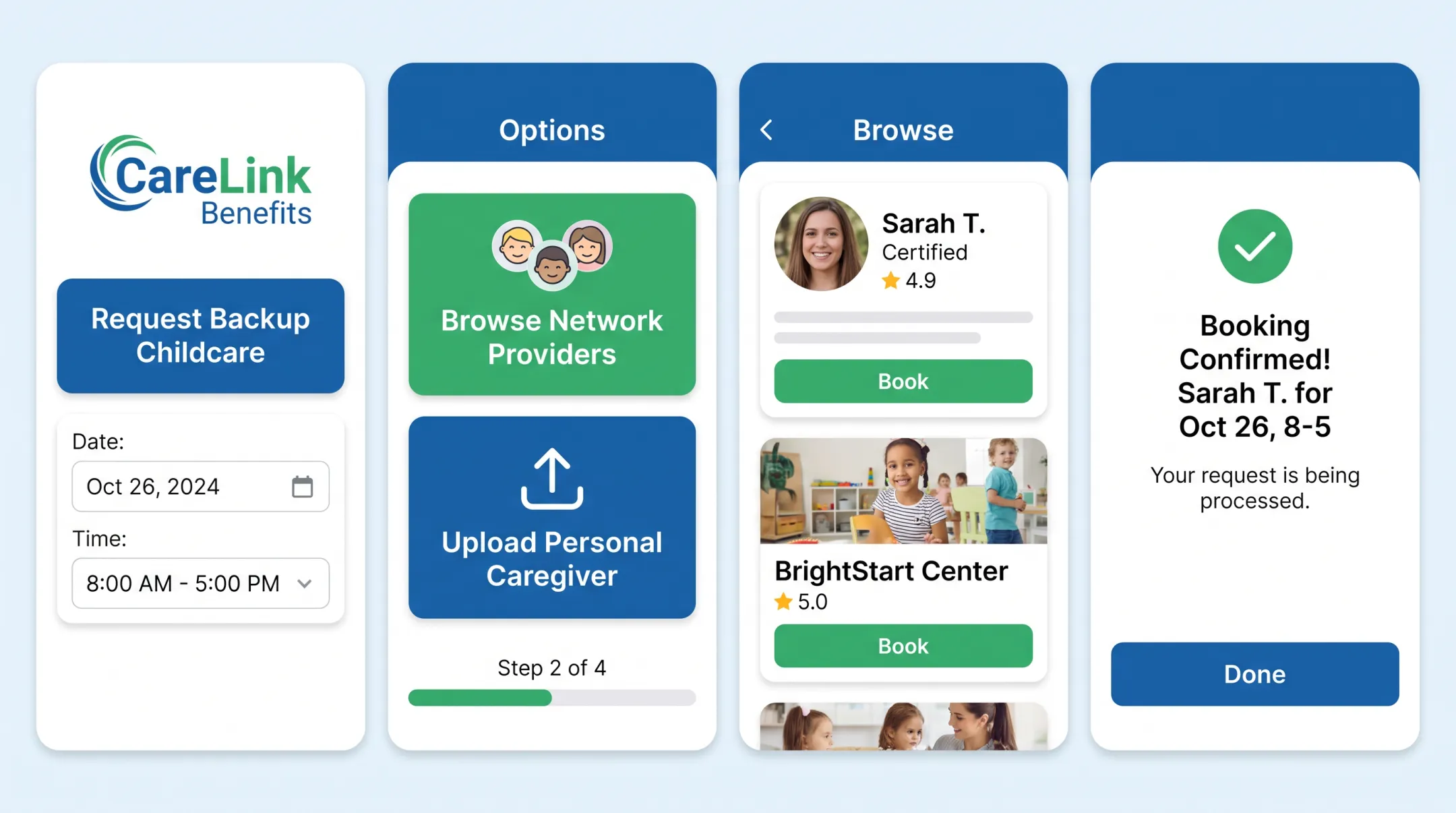 Mobile app interface for requesting emergency backup childcare coverage