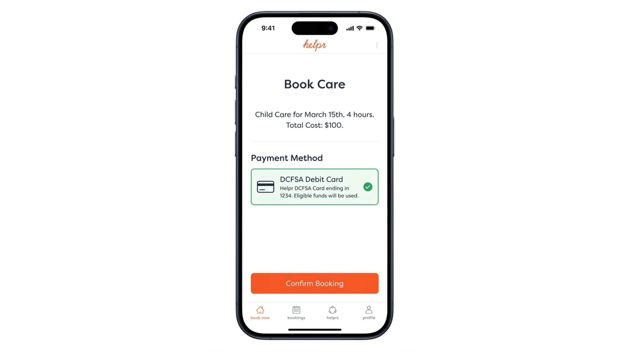 Helpr mobile app interface displaying DCFSA debit card payment option