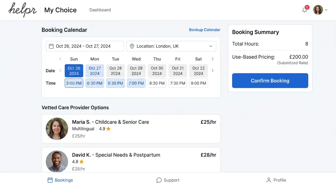 Helpr My Choice backup care platform interface for global childcare booking