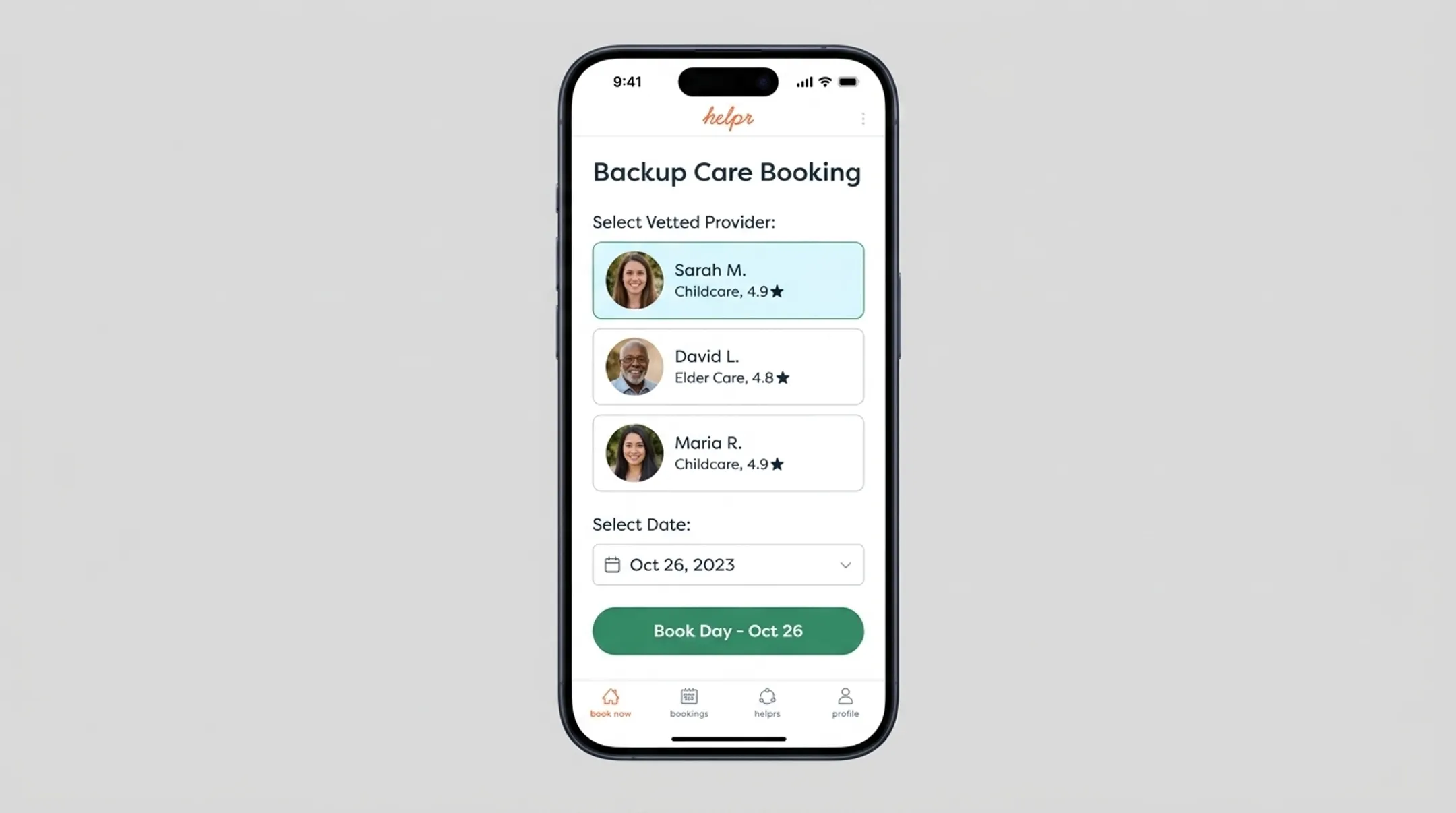 Helpr app interface for booking backup childcare and elder care
