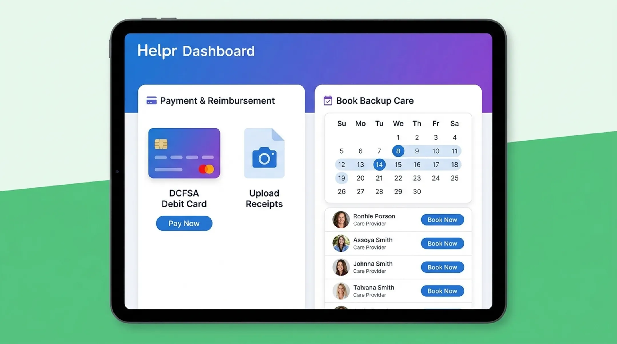 Helpr platform interface showing DCFSA payment options and backup care booking