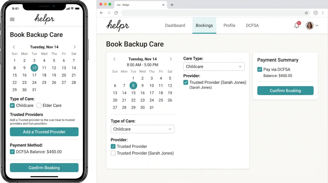 Helpr backup care app interface showing caregiver booking and DCFSA payment options