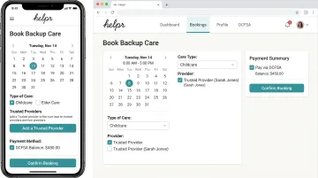 Helpr backup care app interface showing caregiver booking and DCFSA payment options