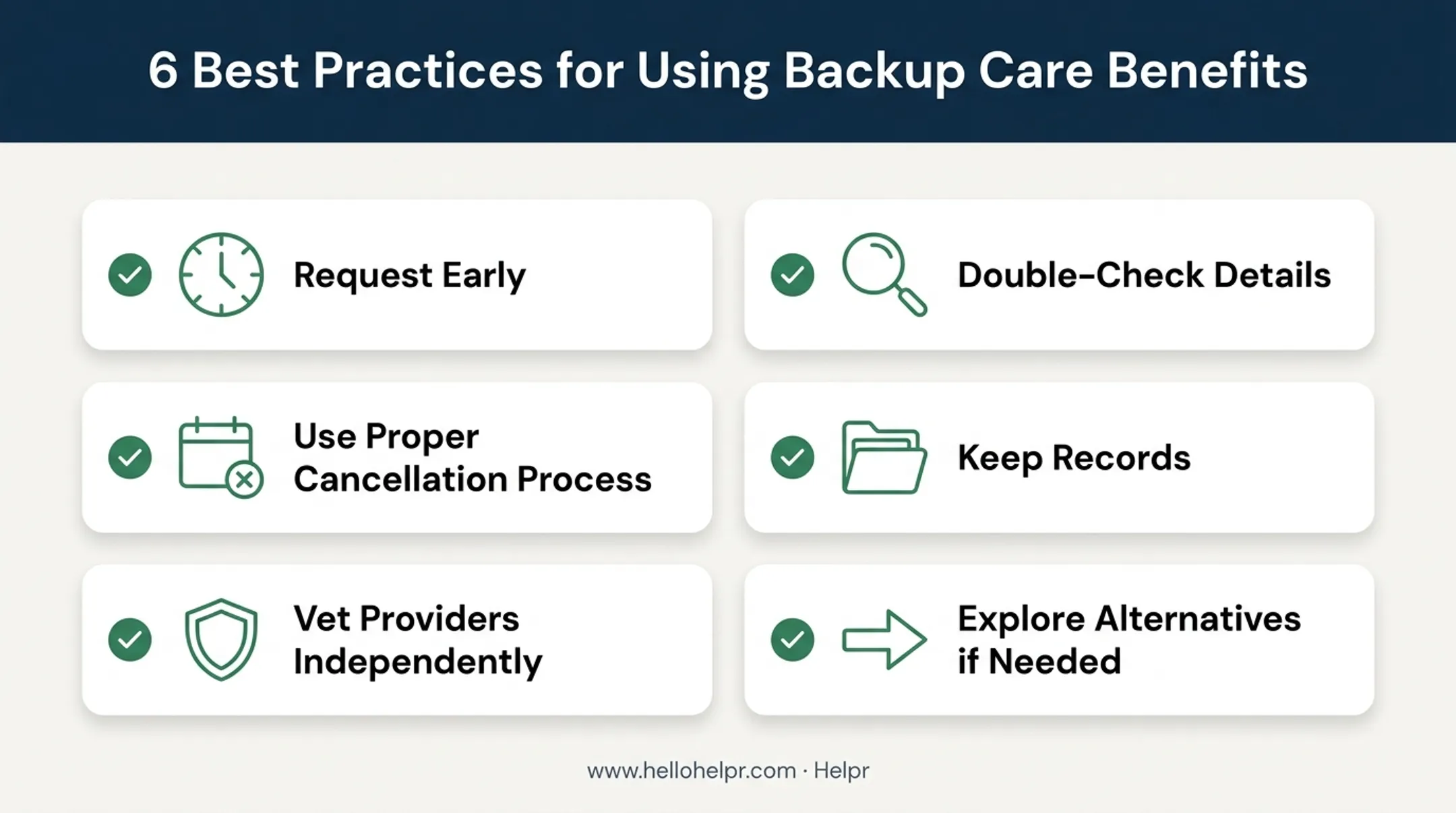 Six best practices infographic for using employee backup care effectively