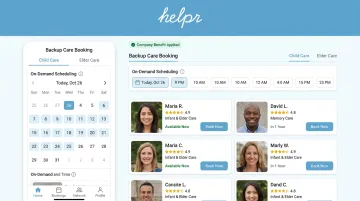 Helpr backup care platform interface showing vetted caregiver network booking
