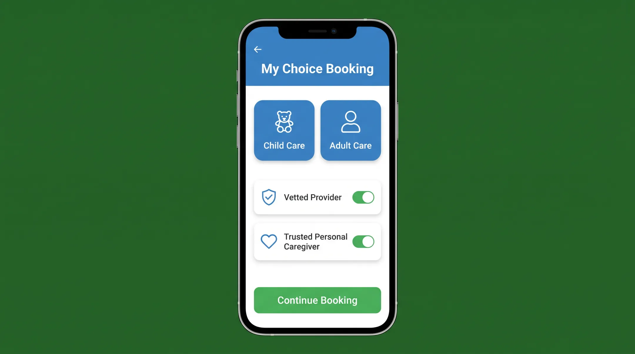 Mobile backup care app booking screen with My Choice caregiver selection