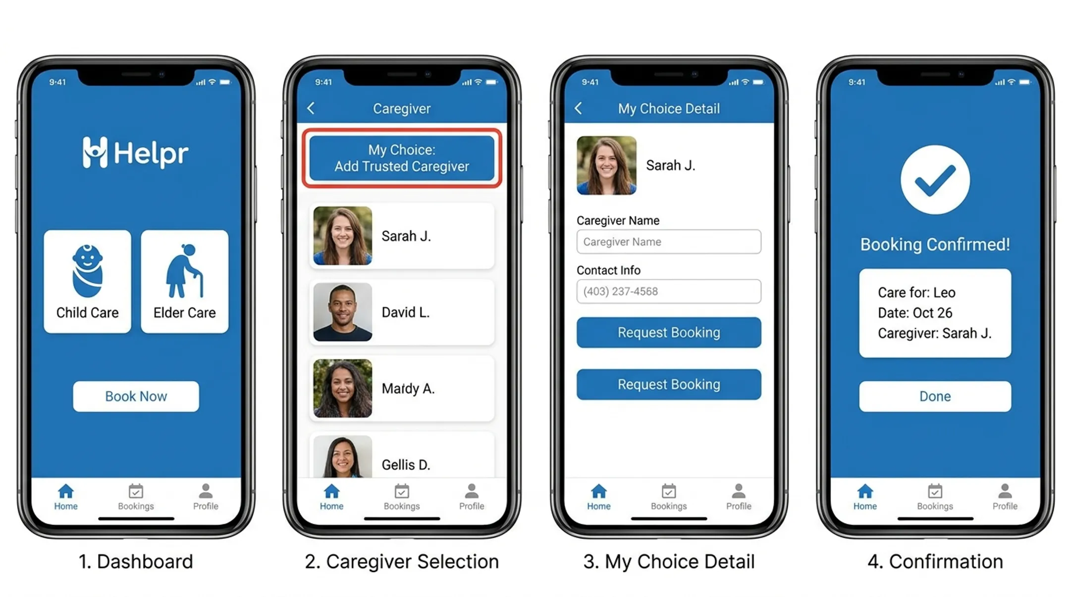 Helpr mobile app interface for booking backup family care services