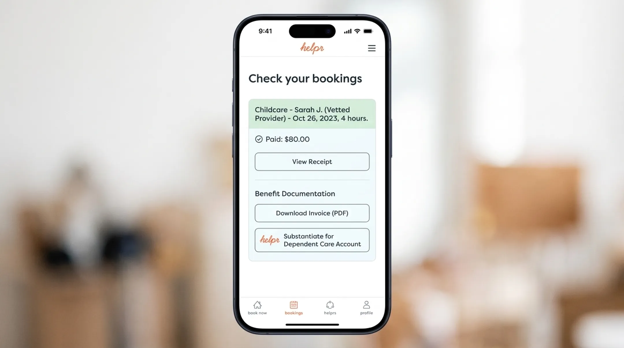 Helpr backup childcare app showing vetted provider booking interface