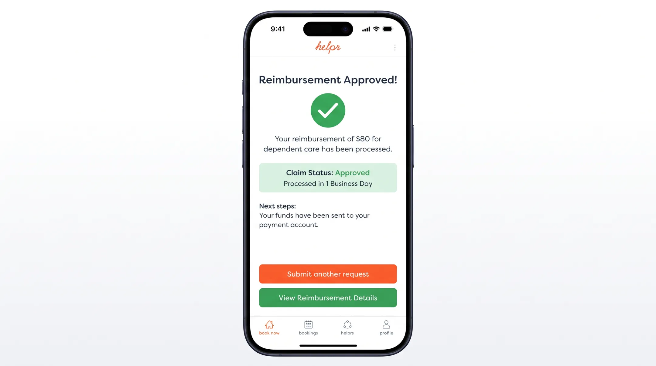 Helpr app dashboard showing dependent care reimbursement claim status