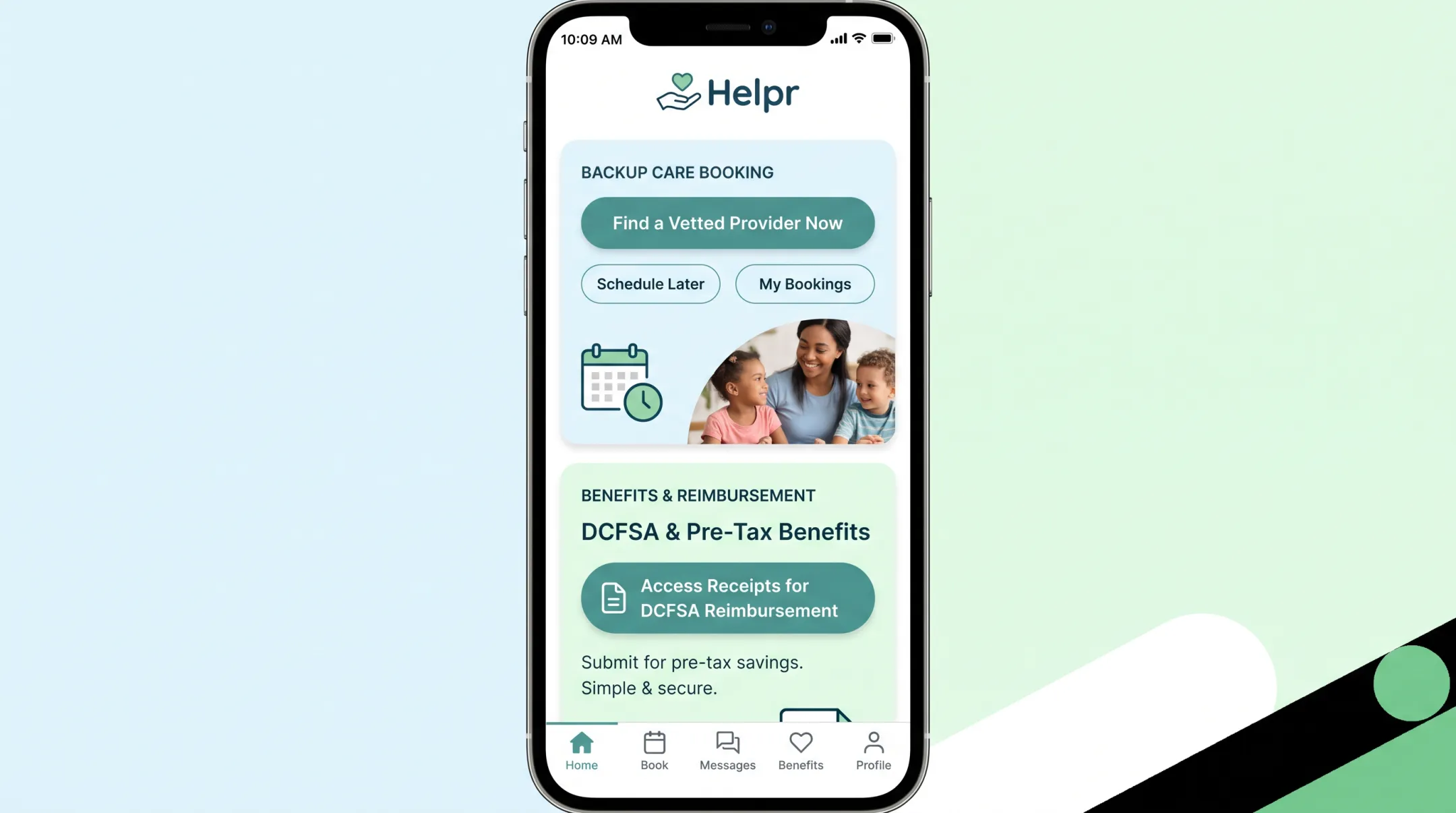 Helpr mobile app displaying backup care booking and DCFSA receipt integration