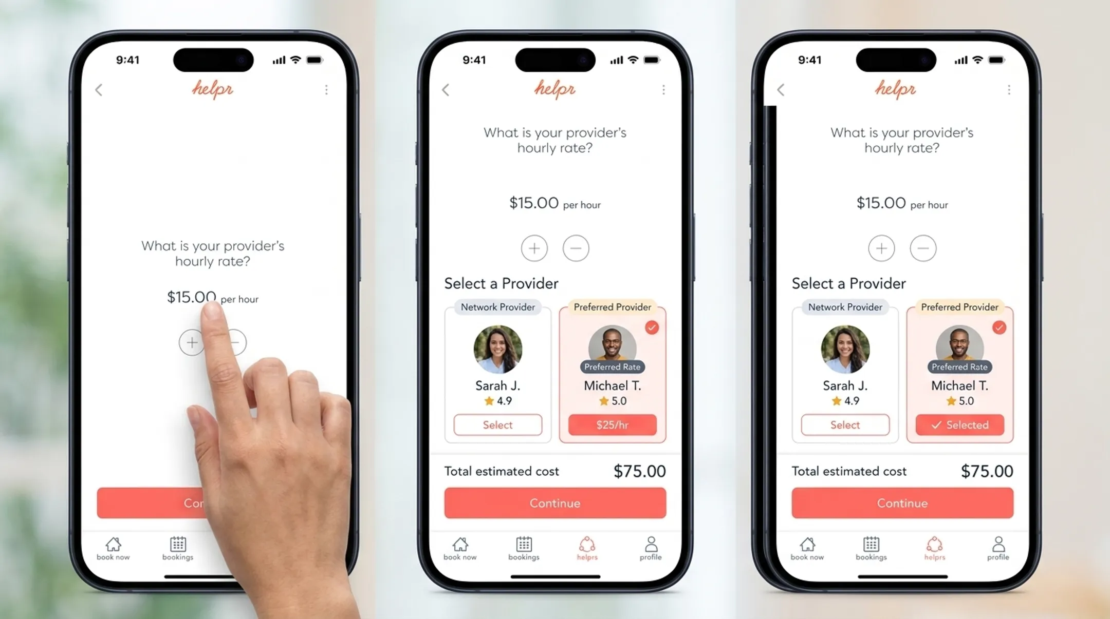 Helpr mobile app interface showing backup child care booking and pricing
