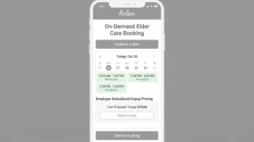 Helpr app interface displaying on-demand elder care booking and scheduling screen