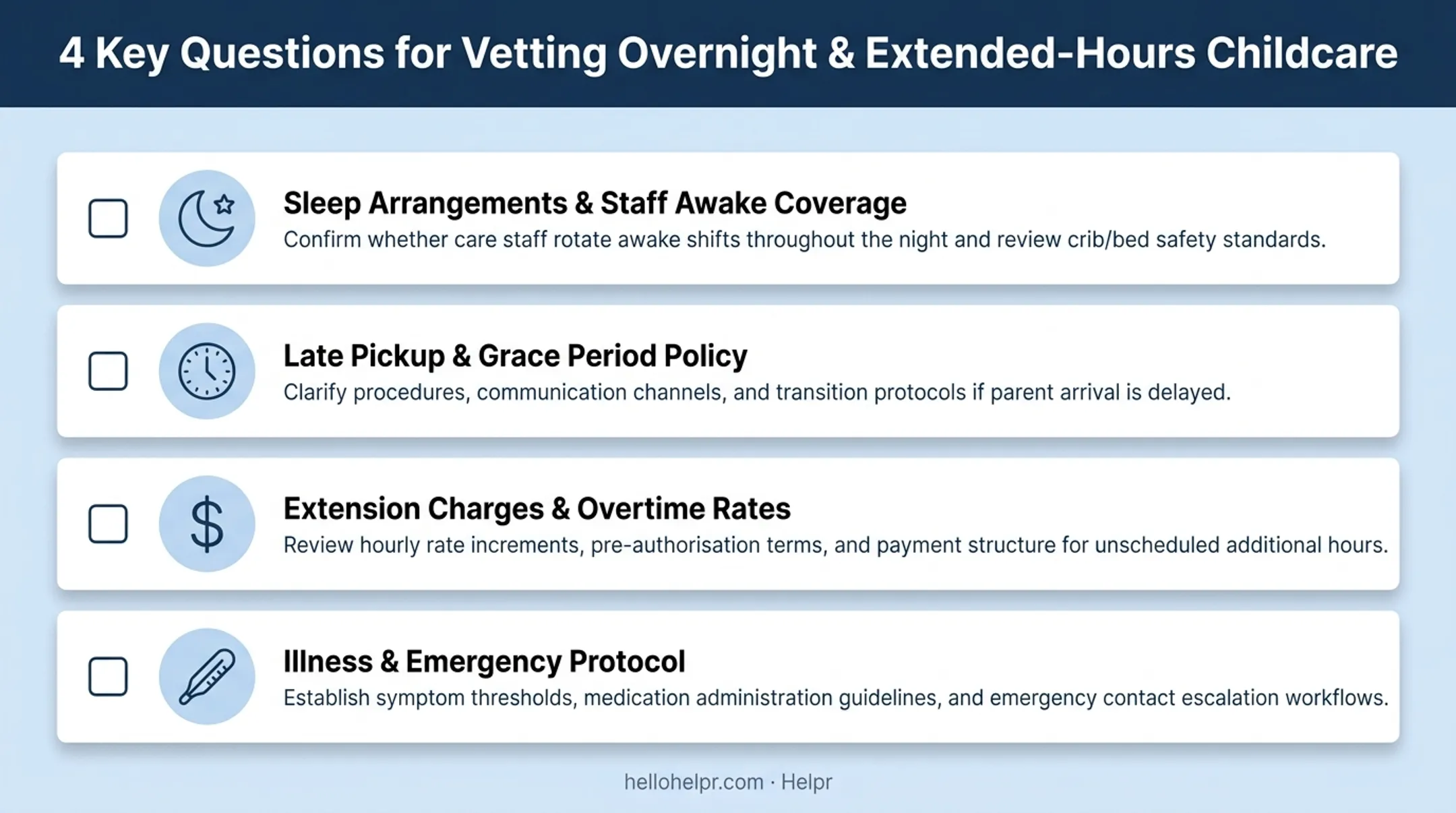 Four essential questions to ask overnight childcare providers checklist