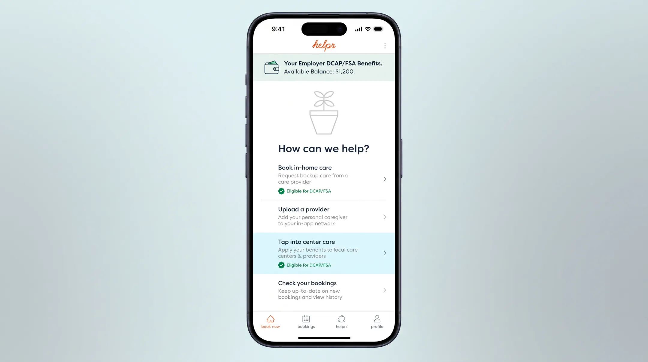 Helpr backup care platform interface for on-demand childcare booking