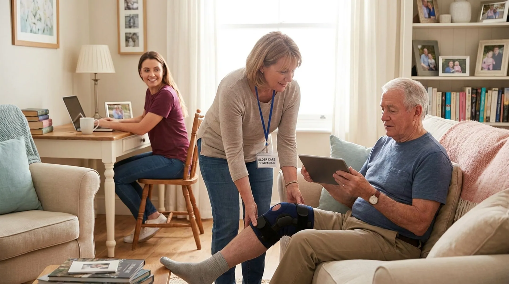 In-home companion care supporting an older adult after knee surgery