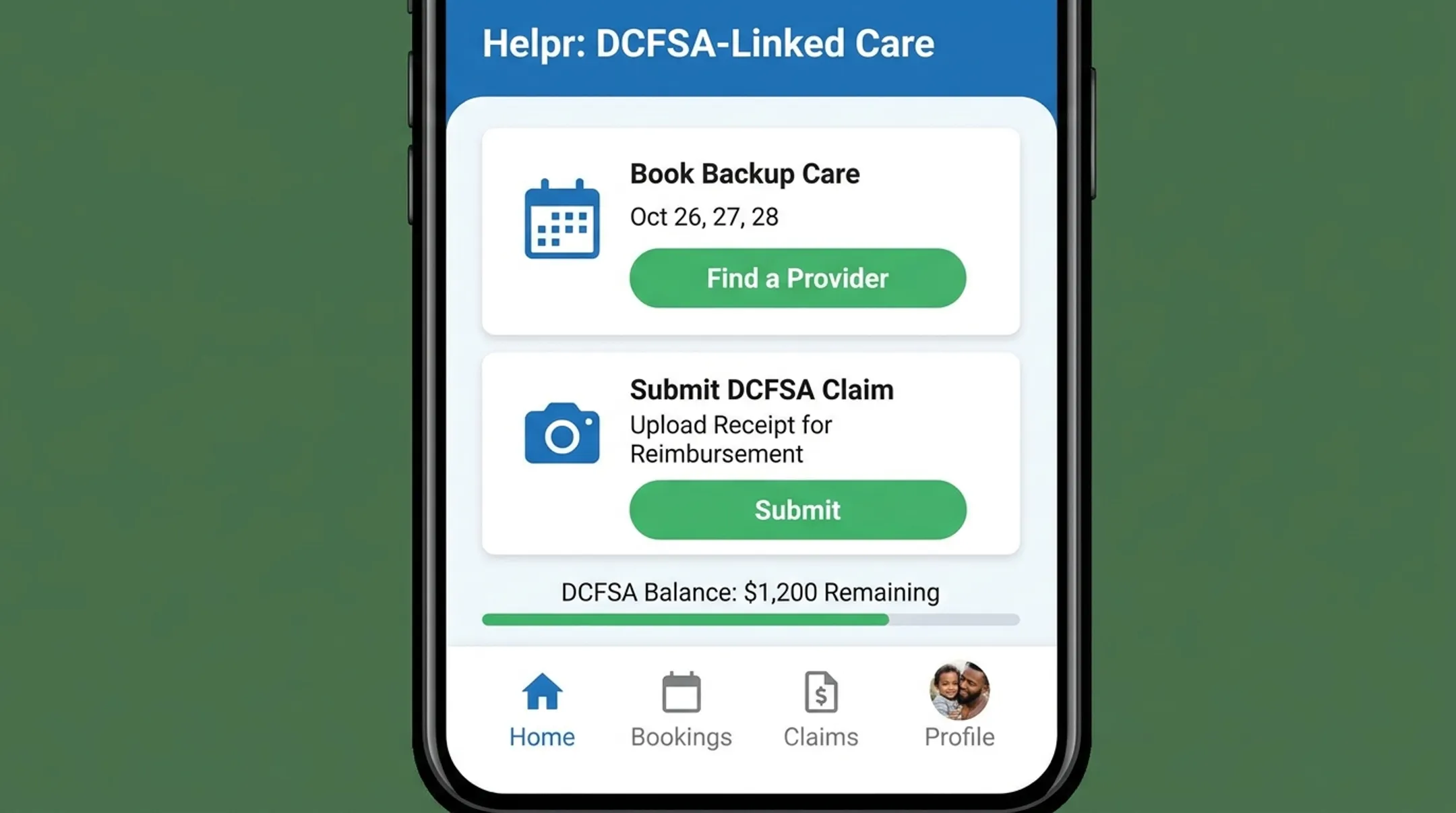 Helpr app dashboard showing backup care booking and claim submission