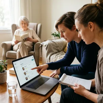 Care coordinator helping a family arrange elderly sitter support