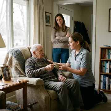 Senior receiving in-home support from caregiver