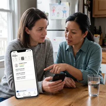 Working parent using a care platform with caregiver