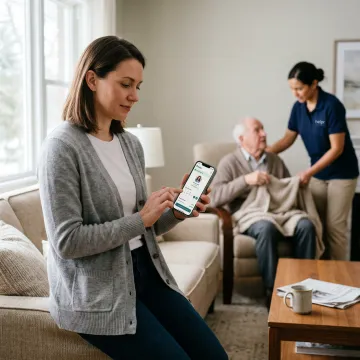 Working parent receiving caregiver support through a mobile app