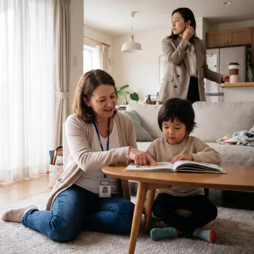 Parent and caregiver with child at home