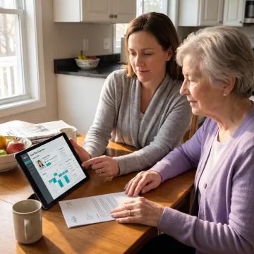 Adult daughter supporting her aging mother at home