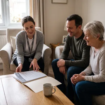 Care specialist talking with a family about eldercare