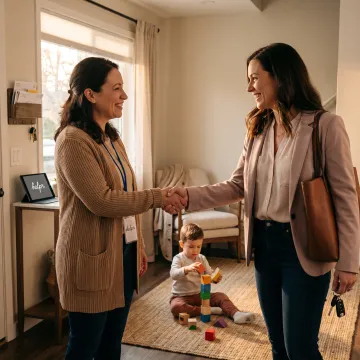 Working parent and child with caregiver