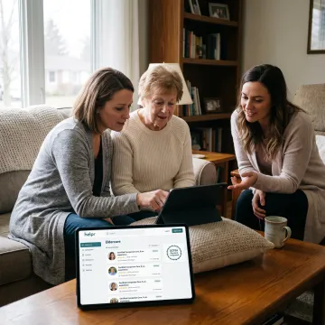 Adult daughter supporting her older parent at home