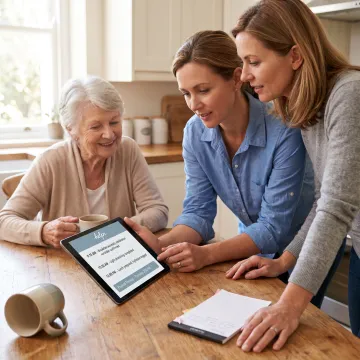 Adult daughter reviewing eldercare options with her parent