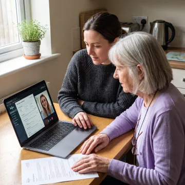 Adult daughter reviewing eldercare options with her mother