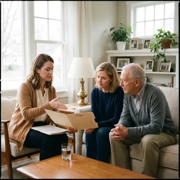 Family discussing eldercare options with a consultant