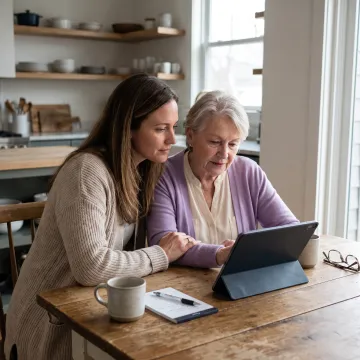 Adult daughter supporting her senior mother at home
