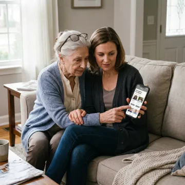 Senior and family caregiver using a care app