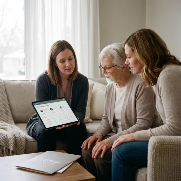 Family discussing eldercare options with a specialist