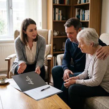 Care specialist speaking with a family