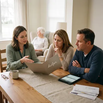 Family discussing eldercare options with a care specialist