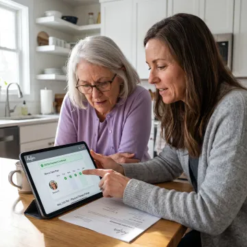 Adult daughter supporting her aging mother at home