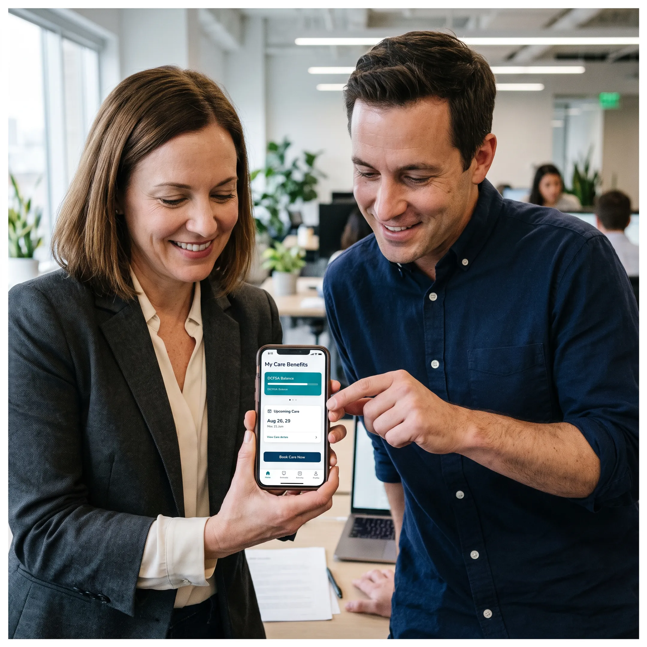 Working parents collaborating in a modern office environment while accessing corporate childcare benefits