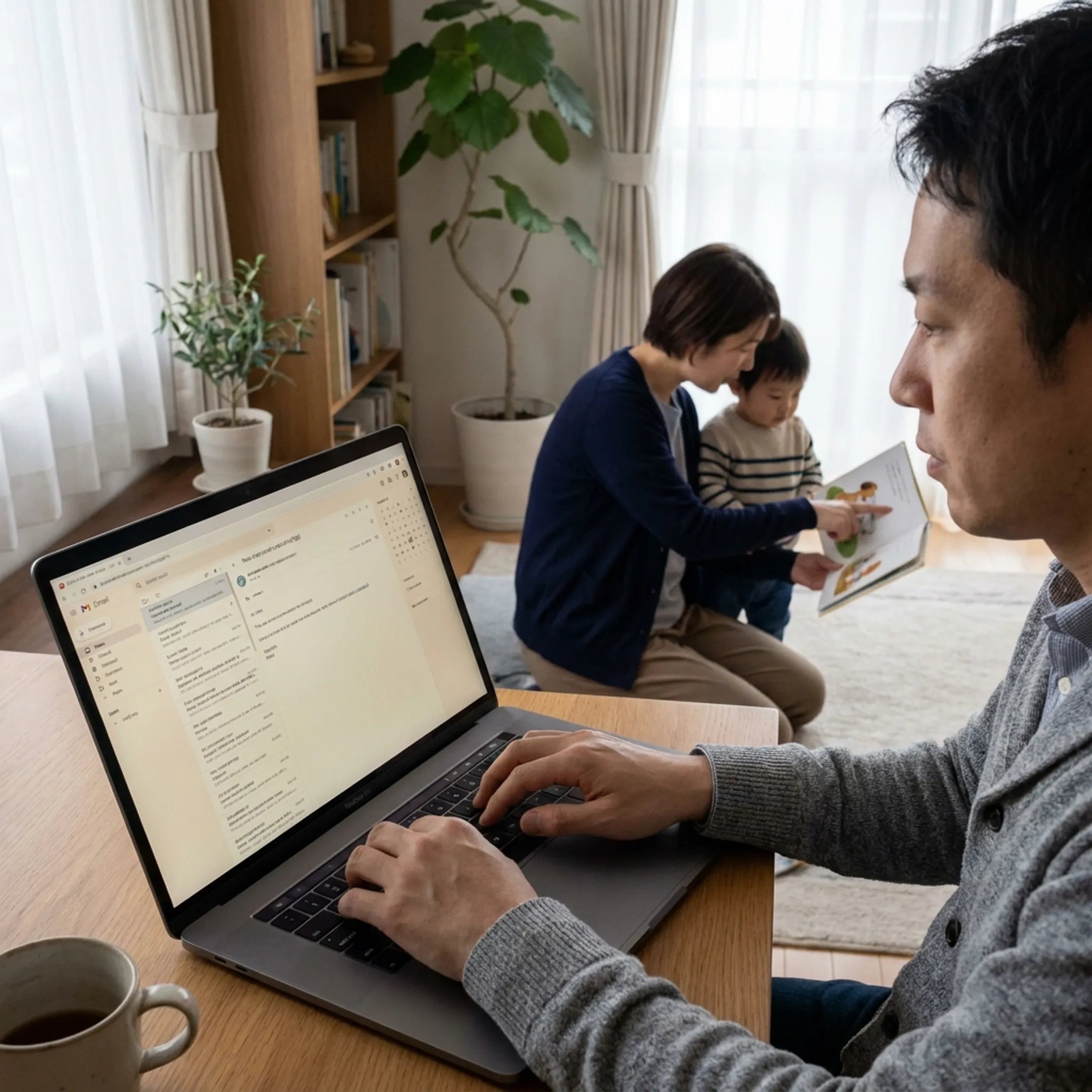 Working parent using laptop while child plays safely nearby with caregiver