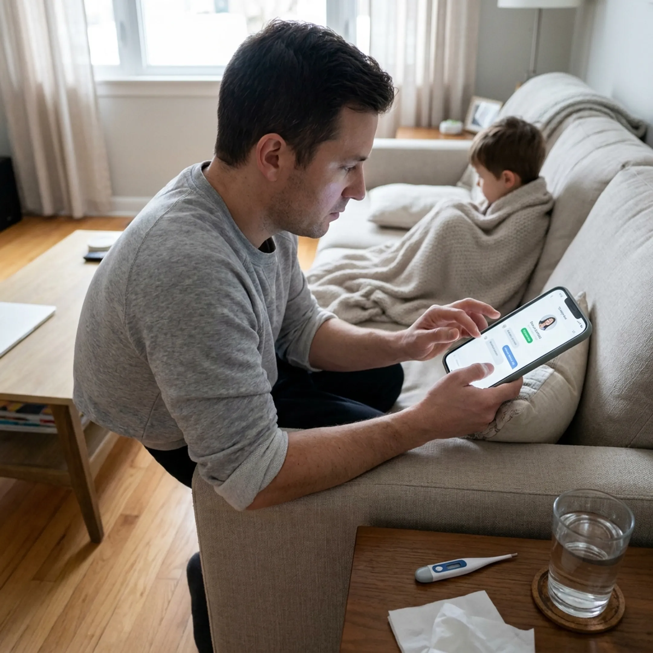 Parent reviewing child care options on smartphone while caring for child